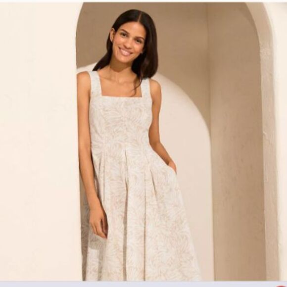 Lands End cotton midi dress 10 p m 10p beige white summer Sundress new 134.95 - Picture 2 of 7